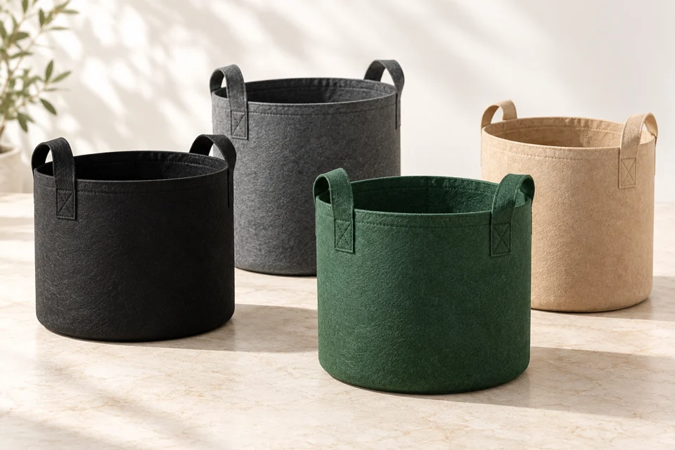Black, grey, forest-green and tan fabric grow bags
