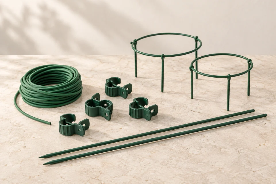Green plant ties, clips, stakes and support rings
